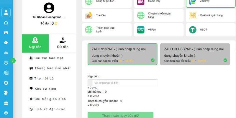 Quy trình các bước nạp vốn tại hệ thống SHBET